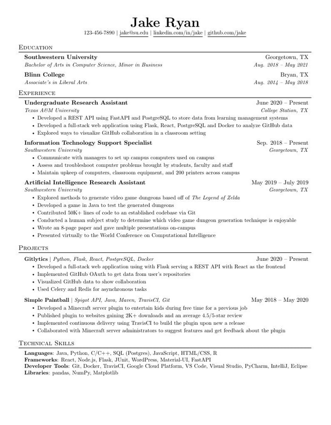 Sample resume generated with Jake's LaTeX template